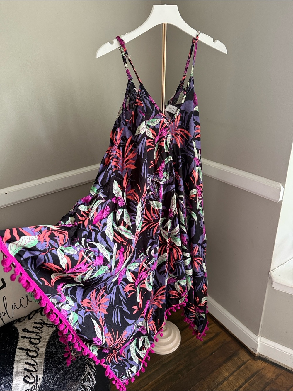 Japna Black Dress with Pink, Purple & Green Leaf Print